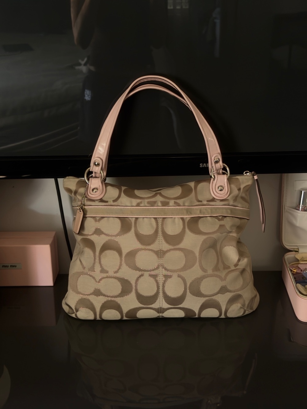 Coach Signature Canvas Tote with Pink Leather Trim